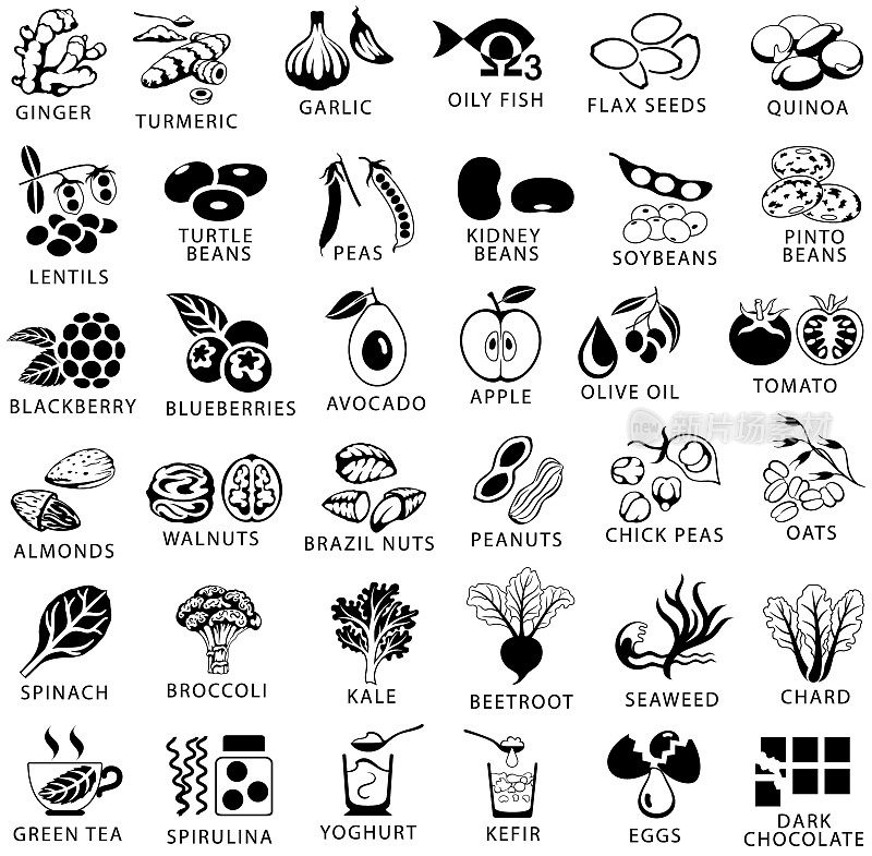 Healthy food and superfoods single color black icons set
